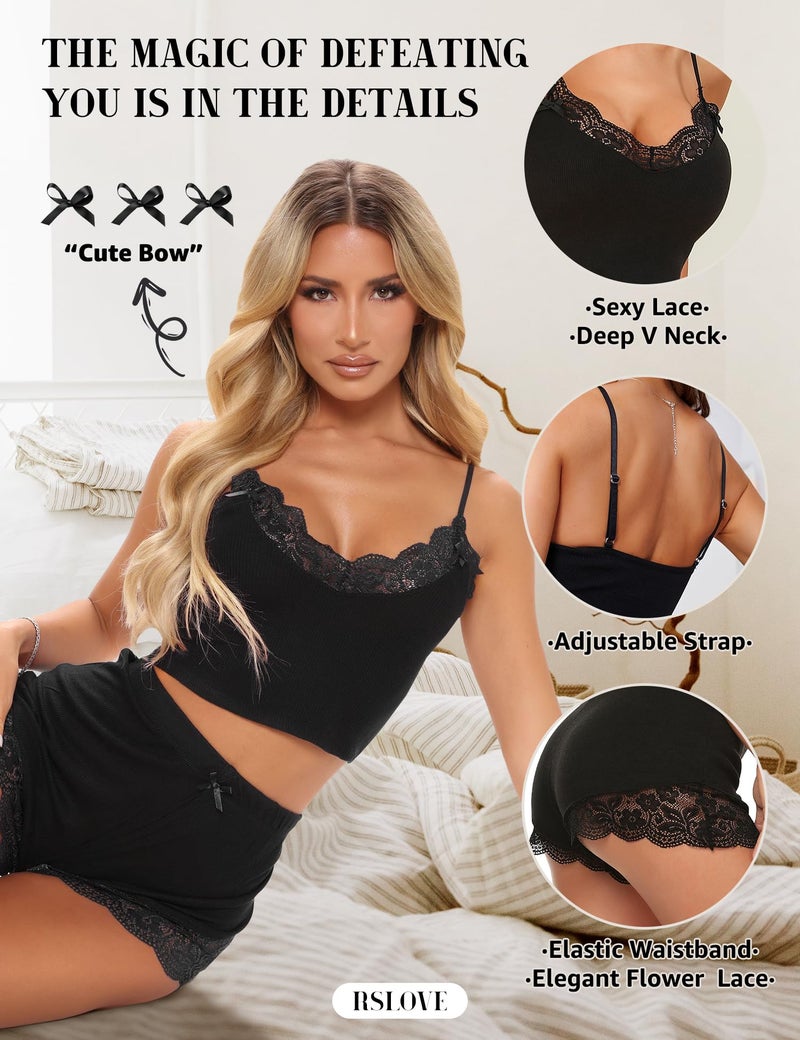 RSLOVE Women Plus Size Lingerie Pajamas Set Sleeveless Sleepwear PJ Set Lace Cami Short Set Black XXL - Image 3